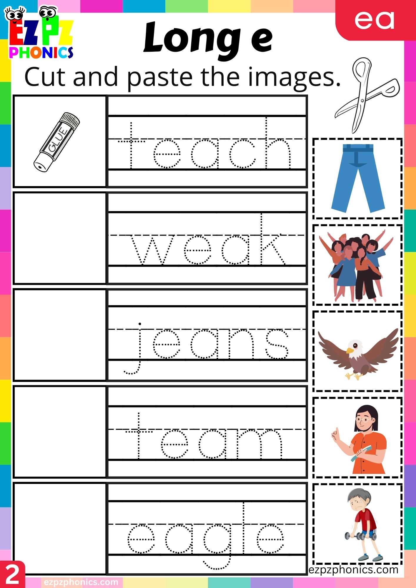 Group2 EA Words Cut And Paste The Images Long E Phonics Worksheet
